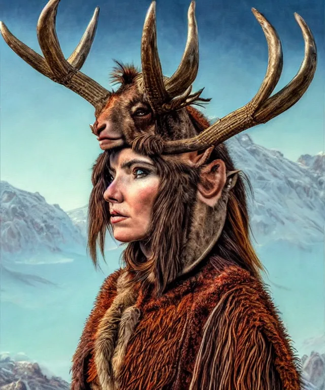 Image similar to a detailed horned antelopewoman stands among the mountains. wearing a ripped mantle, robe. perfect faces, extremely high details, realistic, fantasy art, solo, masterpiece, art by daniel e. greene, johannen voss, zoey frank, greg broadmore