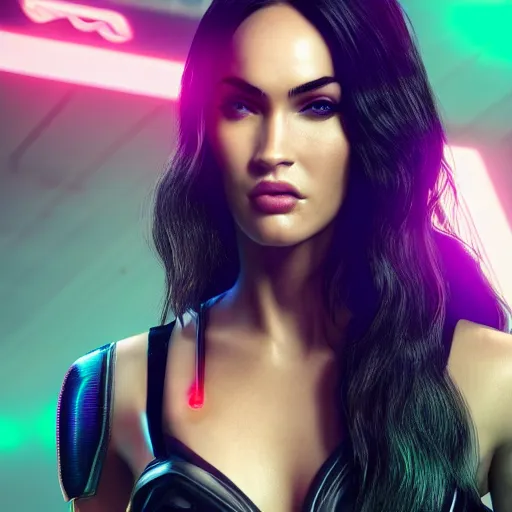 Prompt: Megan Fox portrait, ultra photorealistic, Cyberpunk 2077, neon, octane, bokeh, 8k