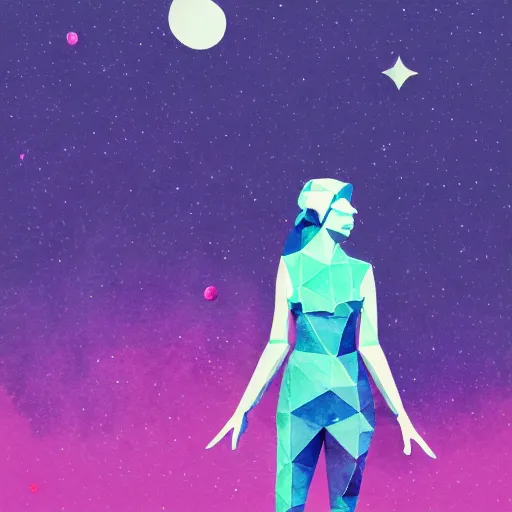 Prompt: an low poly watercolor illustration of a girl with an old printer in deep space, flat synthwave art style, lavender purple