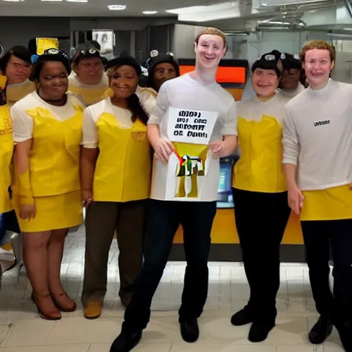 Image similar to mark Zuckerberg wearing a McDonald’s employee outfit