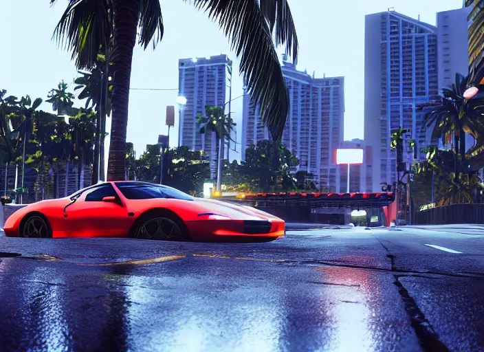 Image similar to still next - gen ps 5 game grand theft auto 6 2 0 2 4 remaster, graphics mods, rain, red sunset, people, rtx reflections, gta vi, miami, palms and miami buildings, photorealistic screenshot, unreal engine, 4 k, 5 0 mm bokeh, close - up concept sport car!, gta vice city remastered, artstation