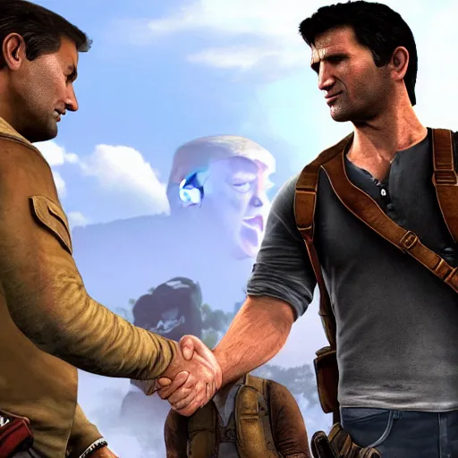 Image similar to nathan drake from uncharted shaking hands with donald trump