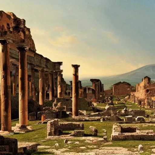 Image similar to the deserted roman settlements of pompeii before the eruption of mount vesuvius in the style of martinus rørbye, 8 k, hyperdetailed, artstation