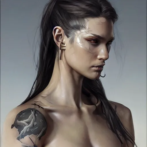 Image similar to tattoo design, a professional painting of a beautiful young female, partially clothed in battle armor, olive skin, long dark hair, beautiful bone structure, symmetrical facial features, intricate, elegant, digital painting, concept art, smooth, sharp focus, illustration, from Metal Gear, by Ruan Jia and Mandy Jurgens and Greg Rutkowski and Artgerm and William-Adolphe Bouguerea and artgerm, cat girl, anime