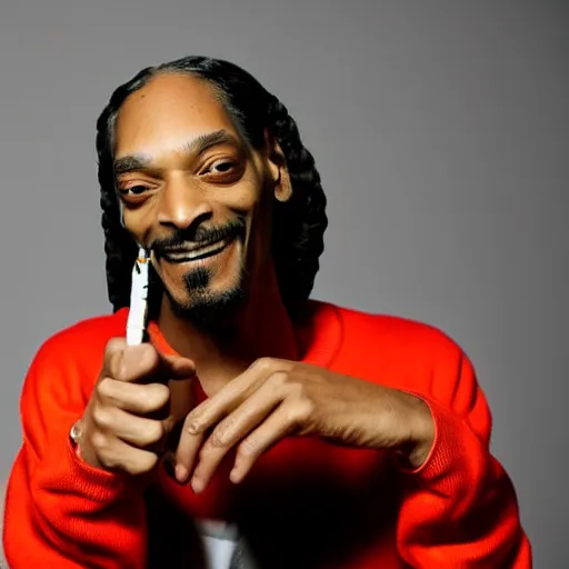 Image similar to Snoop Dog with big eyes eye color red , smiling and holding a joint in his hand