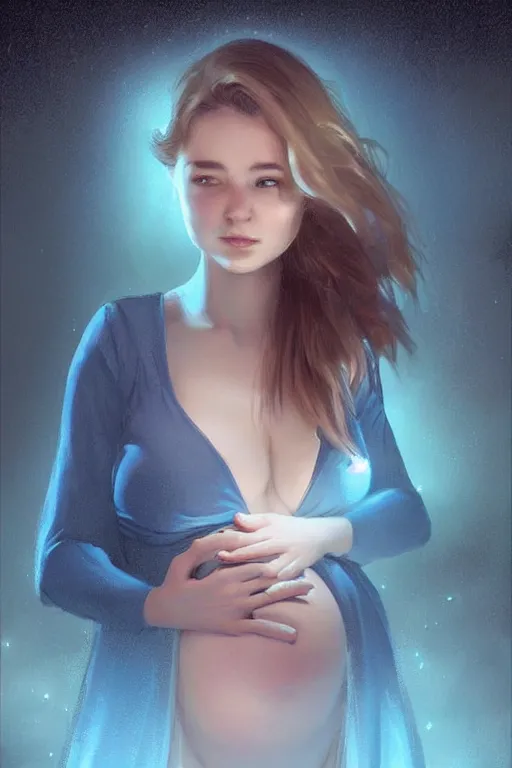 Image similar to pregnant woman in a short blue dress in night under street light, highly detailed, sharp focused, ultra realistic digital concept art by Edwin Longsden Long, Charlie Bowater