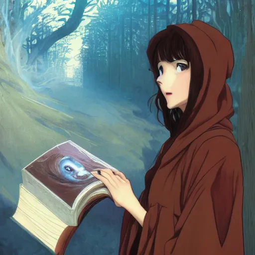 Prompt: portrait of a female wizard with brown hair wearing a blue hooded robe holding a book, fantasy, extremely detailed, digital illustration, character art, seinen, anime key visual, art by hayao miyazaki and makoto shinkai and alphonse mucha, trending on artstation