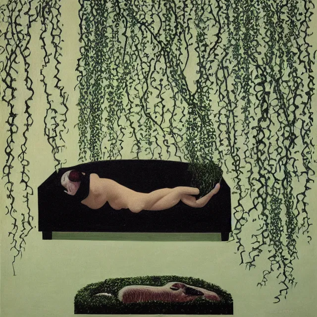 Image similar to a pathology student in her apartment, wrapped in vines, large stones, pig, black walls, ikebana, black armchair, puddles, moss, acrylic on canvas, surrealist, by magritte and monet