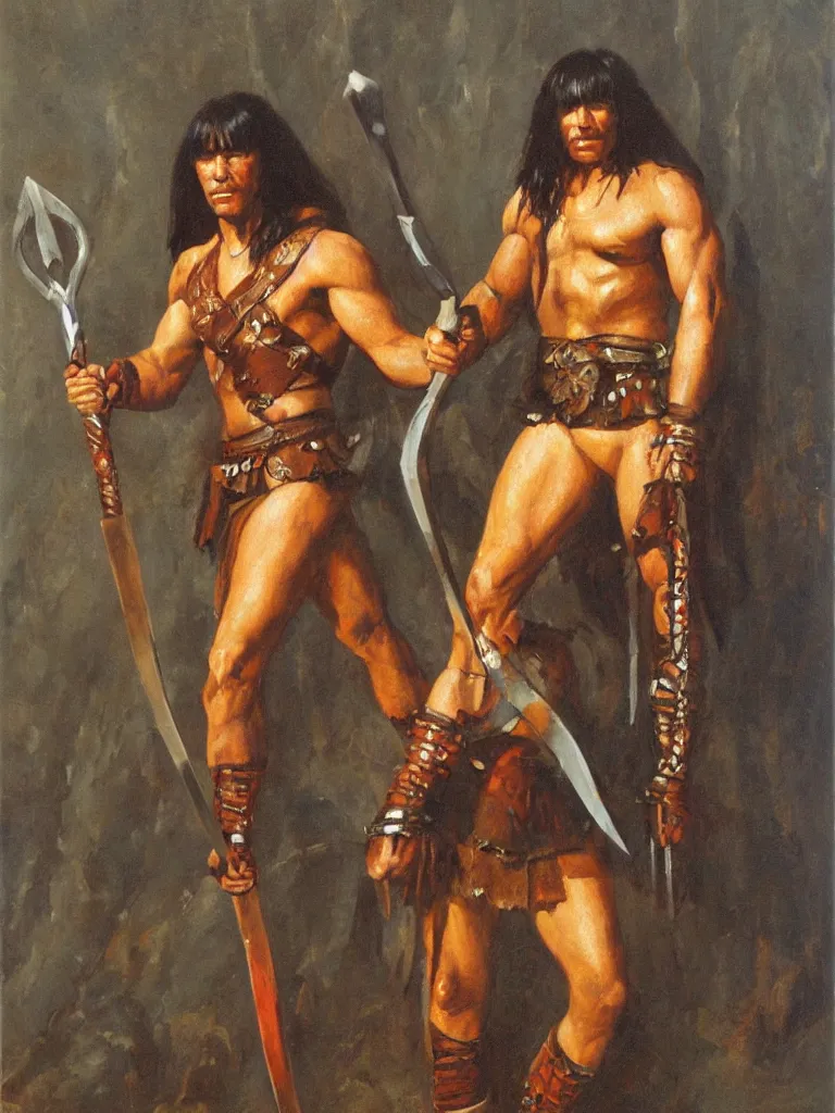 Image similar to a full body portrait of Conan the barbarian holding a sword, oil painting by Solomon j Solomon, hd, sharp focus,