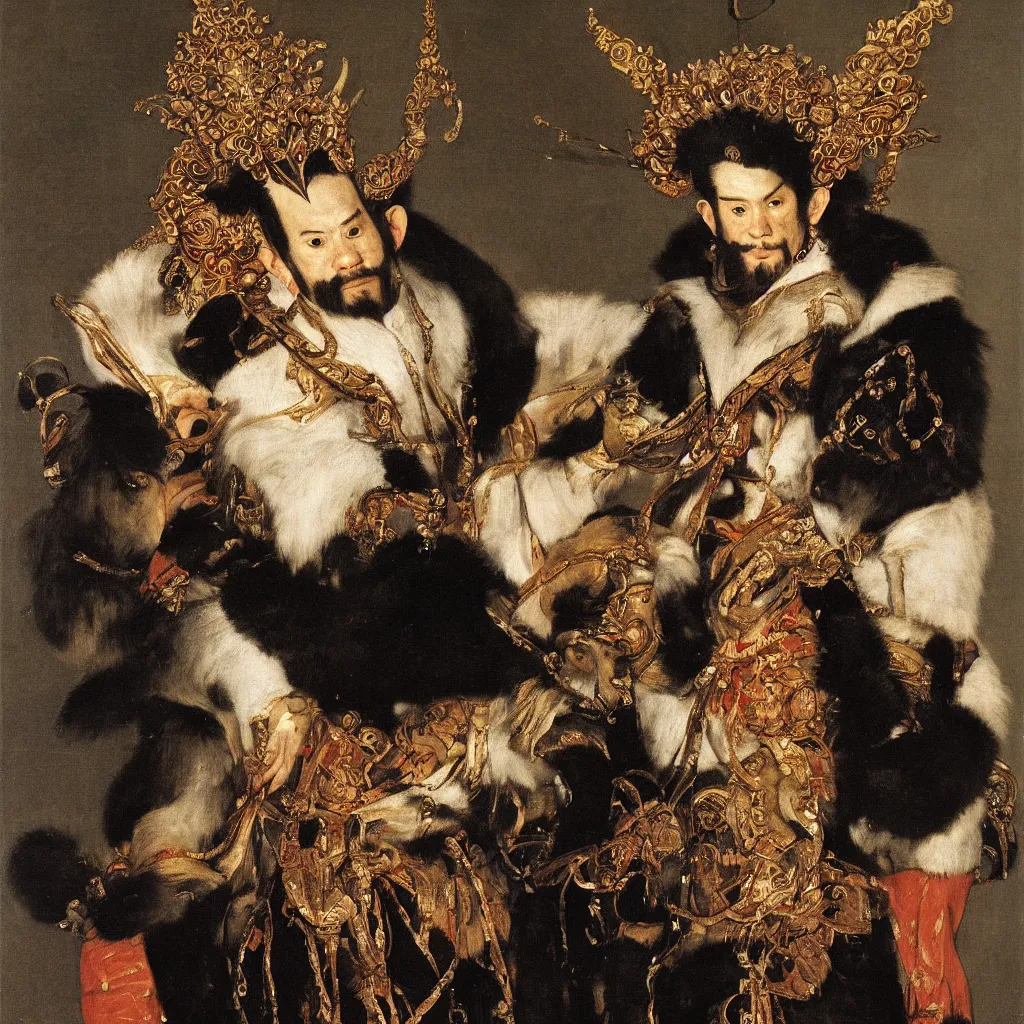 Prompt: portrait of a monkey king of spain, artwork by velazquez, wearing a donkey ears