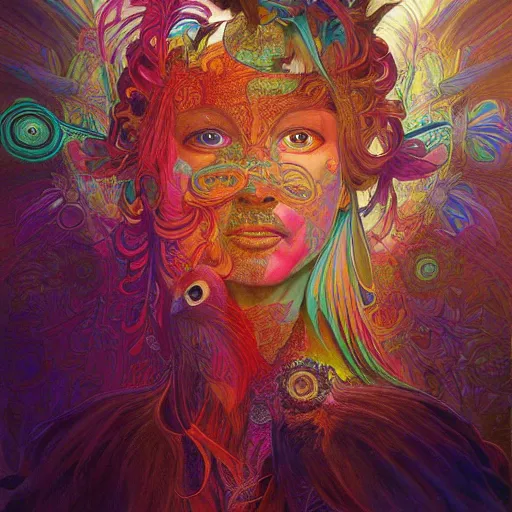 Image similar to A reality bending psychedelic ayahuasca experience, colorful, distorted, surreal, tropical bird feathers, dramatic lighting on the face, intricate, elegant, highly detailed, digital painting, concept art, smooth, sharp focus, illustration, art by Krenz Cushart and Wayne Barlowe and alphonse mucha