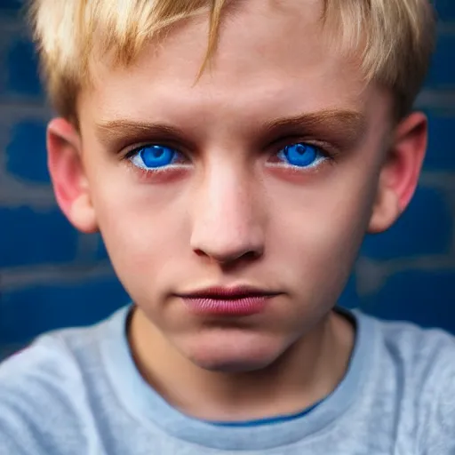 Image similar to portrait of a boy with his hand on his face, extremely realistic and real, photorealistic, blonde hair and blue eyes, detailed facial structure, real eyes that are detailed, real hands