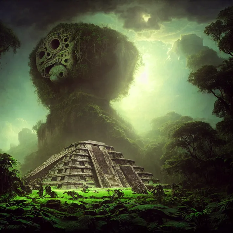 Image similar to surreal painting of crashed mayan aztec spaceship overgrown by jungle, soft grainy bloom lucid dream - like atmosphere, harsh flash photo at night, baroque painting, perfect composition, detailed octane render trending on artstation, 8 k artistic photography, volumetric cinematic perfect light, chiaroscuro, masterpiece, raphael, caravaggio, beksinski, rutkowski, beeple