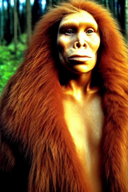 Image similar to a professional portrait photo of a neanderthal woman forest, dirty face, ginger hair and fur, extremely high fidelity, natural lighting, still from the movie quest for fire