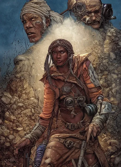 Image similar to hyper realistic photography portrait of postapocalyptic medieval religious occult african amazon cinematic, brom, moebius, juan gimenez