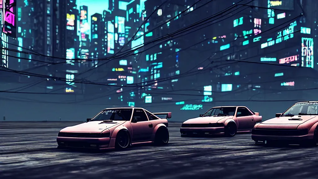 Image similar to modernized 240sx flying through a dystopian cyberpunk cityscape