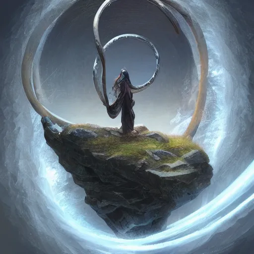 Image similar to a metal ring gate set into a mountain gap is a way to a new dimension,cosmis swirls seen though gate, misty, sci fi, high technology, futuristic, digital painting, artstation, concept art, smooth, sharp focus, illustration, art by artgerm and greg rutkowski and alphonse mucha