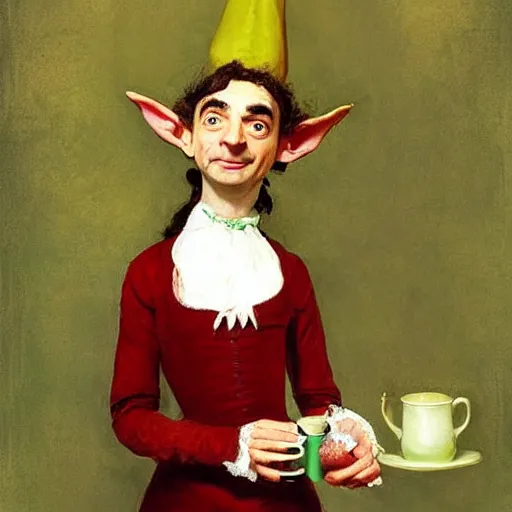 Image similar to 18th century elf princess (Mr. Bean), mouth wide open, is ((drinking a cup of tea)). fantasyconcept art, inspired by John Everett Millais's Ophelia