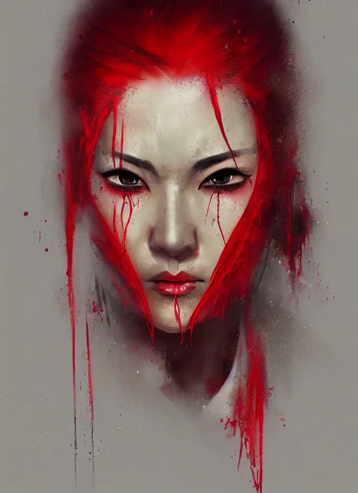 Prompt: a realistic detail portrait of a beautiful japanese ninja has black and red hair, crying, raining mist oil painting by julian calle, greg rutkowski, finnian macmanus, syd mead trending on artstation, red and yellow scheme, 8 k, wide - angle lens
