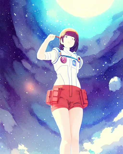 Image similar to oriental water color of a cute thicc astronaut woman, floating through space, backlit, by makoto shinkai and krenz cushart