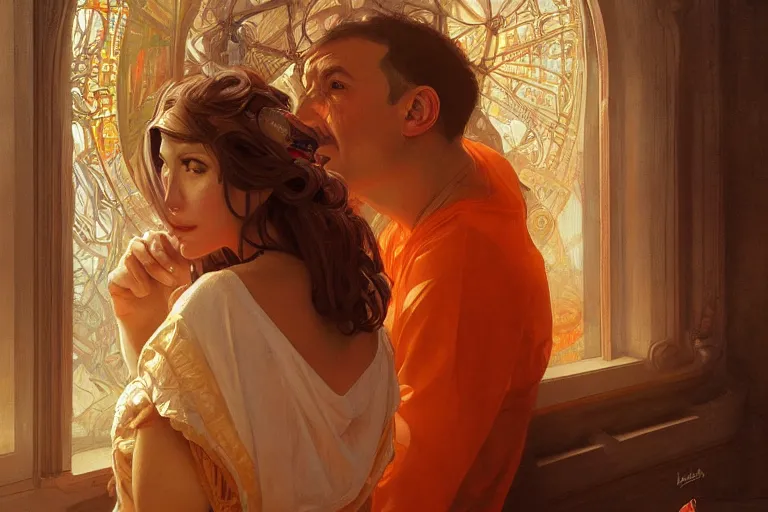 Image similar to portrait of tinfoil hat man in orange t - shirt behind his wife, feelings, romantic, fantasy, intricate, elegant, highly detailed, digital painting, artstation, concept art, smooth, sharp focus, illustration, art by artgerm and greg rutkowski and alphonse mucha