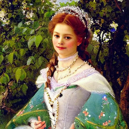 Prompt: portrait of princess elsa outside in an orchard, painted by nikolay makovsky, detailed