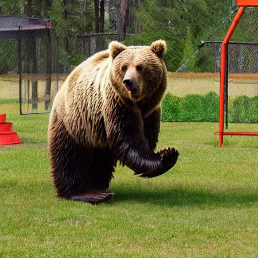 Image similar to a Giant Grizzly bear jumping on a trampoline