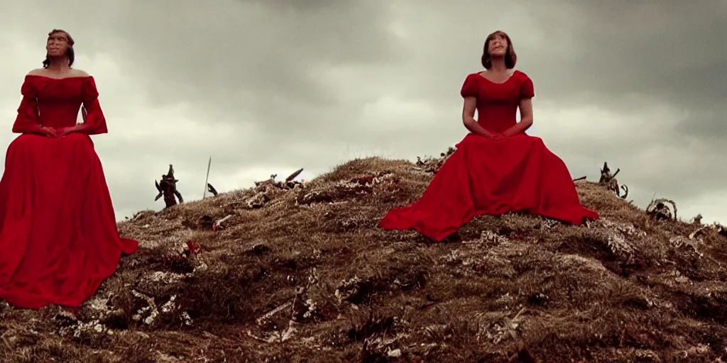 Prompt: film still of closeup a woman in a red dress, sitting on a throne. on a mountain of dead knights. one knight standing on one knee below by emmanuel lubezki