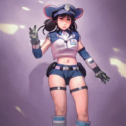 Prompt: D.VA from Overwatch wearing a police uniform by Kim Jung Gi, holding handcuffs in one hand Blizzard Concept Art Studio Ghibli. oil paint. 4k. by brom, Pixiv cute anime girl wearing police gear by Ross Tran, Greg Rutkowski--cfg_scale 12