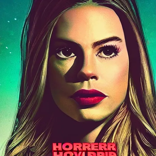 Image similar to a horror movie poster, staring Sofía Vergara as the heroine, neighborhood themed, synthwave, cyberwave, by Sam Werczler