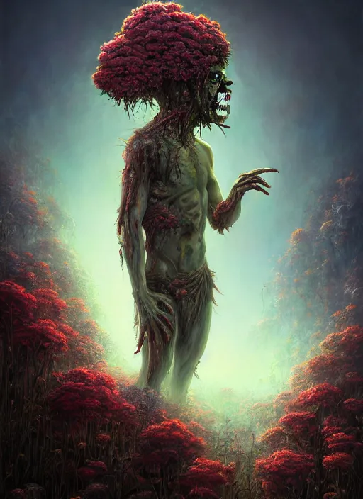 Prompt: zombie with flowers sprouting out of his body, in the style of tomasz alen kopera and fenghua zhong and peter mohrbacher, mystical colors, rim light, beautiful lighting, 8 k, stunning scene, raytracing, octane, trending on artstation