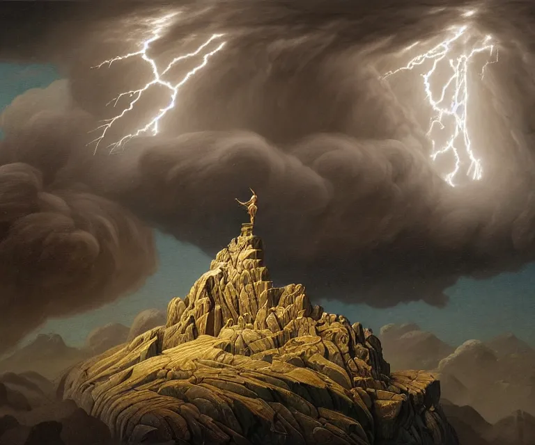 Image similar to hyper detailed 3d render like a Oil painting - greek god zeus standing tall on top of mount olympus, lightning storm in background, anger + wrath, by Jacek Yerka, Mariusz Lewandowski, Houdini algorithmic generative render, Abstract brush strokes, Masterpiece, Edward Hopper and James Gilleard, Zdzislaw Beksinski, Mark Ryden, Wolfgang Lettl, hints of Yayoi Kasuma, octane render, 8k