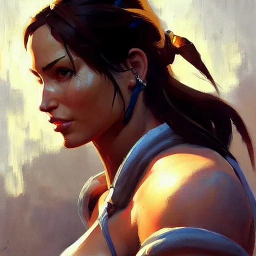 Image similar to Greg Manchess portrait painting of Lara Croft as Overwatch character, medium shot, asymmetrical, profile picture, Organic Painting, sunny day, Matte Painting, bold shapes, hard edges, street art, trending on artstation, by Huang Guangjian and Gil Elvgren and Sachin Teng