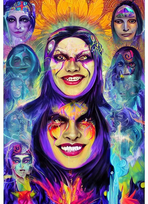 Image similar to collage of gorgeous magic cult psychic woman smiling, third eye, energetic consciousness psychedelic, epic surrealism expressionism symbolism, story telling, iconic, dark robed, oil painting, symmetrical face, dark myth mythos, by Sandra Chevrier, Noriyoshi Ohrai masterpiece cutout layering