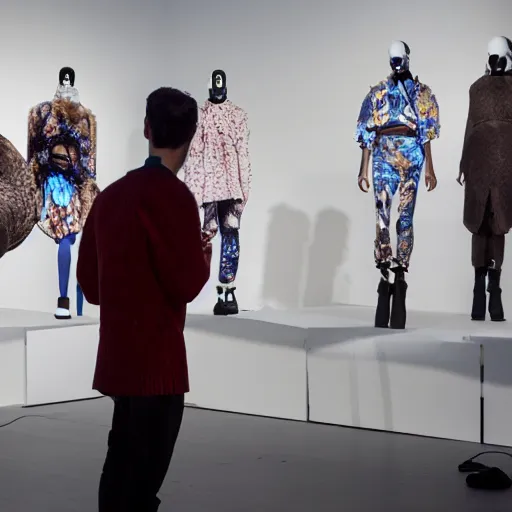 Image similar to art curator looking at a screen with a chat interface, recursive, on stage in the middle of a fashion show in the style of grand chamaco and stanley kubrick, inspired by y - 3, photorealistic, epic, super technical, cinematic still