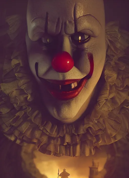 Image similar to It Clown lurking in the shadows, cinematic shot, intricate, ornate, photorealistic, ultra detailed, realistic, 100mm, photography, octane, high definition, depth of field, bokeh, 8k, artstation