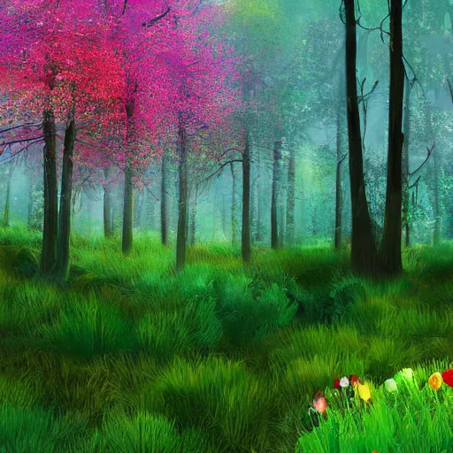 Image similar to A forest with beautiful flowers scatter across the field with large trees of all colors, digital art, detailed, trending on artstaion