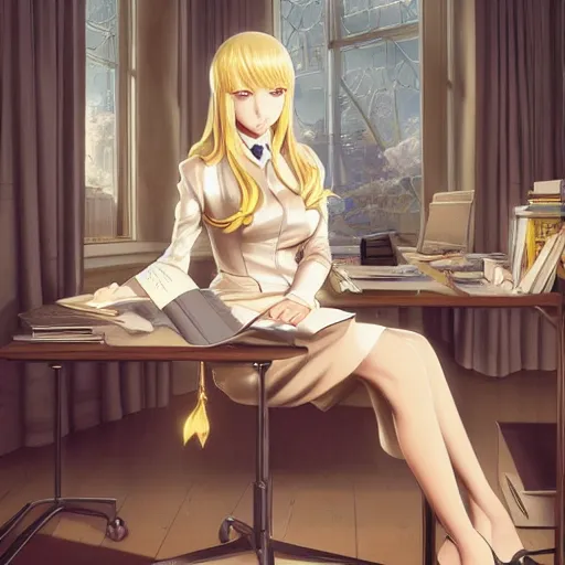 Image similar to blonde anime woman with long hair, wearing headmistress uniform, sophisticated young woman, ultraterrestrial woman, sitting in dean's office, ornate designs on desk, sharp details, subsurface scattering, intricate details, art by artgerm, greg rutkowski, hd wallpaper, 2 0 1 9 anime screenshot
