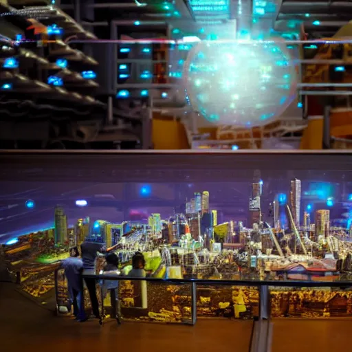 Image similar to large group of people, looking at hologram of futuristic city on a table, cinematic concept art, warehouse interior, godrays, golden hour, 4 k, clear details, tabletop model buildings, tabletop model, hologram center