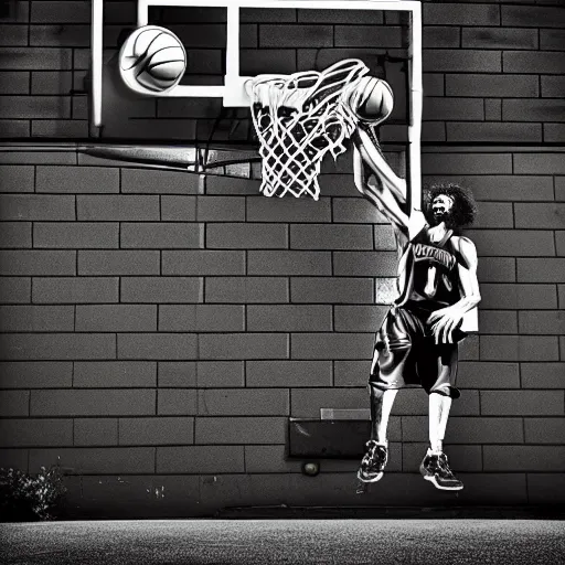 Prompt: caparezza dunking a basketball, phone photo, outside, small basketball field, daylight, artistic composition, realistic