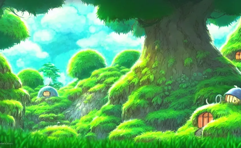 Image similar to lush forest with a cute woodland home, fantasy studio ghibli animated film, fantasy concept art, aesthetic, glob