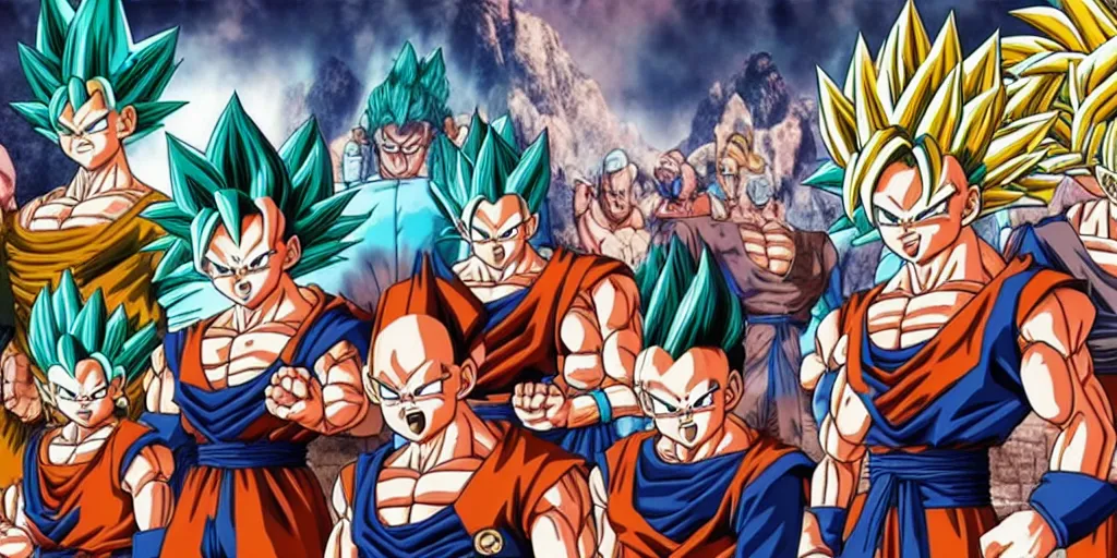 Image similar to Dragonball characters waiting for a fighting tournament to start, unreal 5, hyperrealistic, realistic, photorealistic, dynamic lighting, highly detailed, cinematic landscape, studio landscape, studio lighting