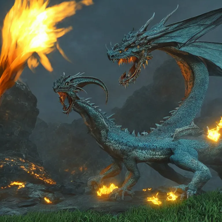 Prompt: The head of an angry dragon, breathing fire, sitting on a rock, at night. Fantasy Demo in Unreal Engine 6.