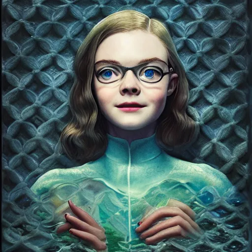 Prompt: professional painting of Elle Fanning in the style of the movie Shape of Water, head and shoulders portrait, symmetrical facial features, smooth, sharp focus, illustration, intricate, stormy weather, extremely detailed masterpiece,