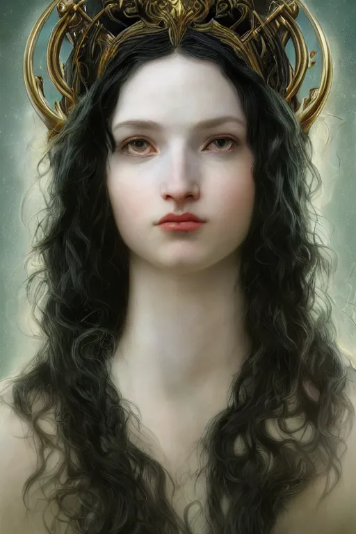 Image similar to a fantasy comic book style portrait painting of a beautiful woman with pale skin and long black hair, mystical valkyrie, francois boucher, oil painting, unreal 5, hyperrealistic, octane render, regal, refined, detailed digital art, rpg portrait, william - adolphe bouguereau, michael cheval, walt disney, steampunk, dynamic lighting, highly detailed, unreal engine