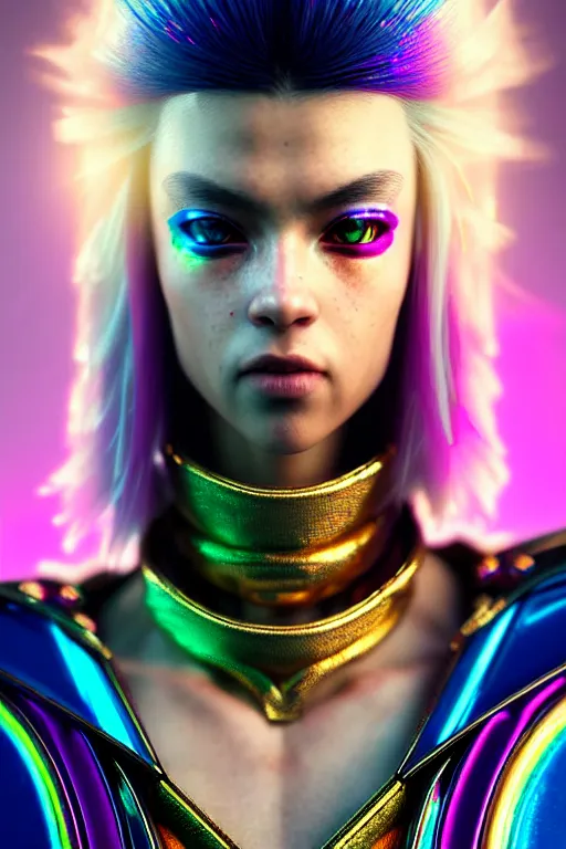 Image similar to hyperdetailed portrait of a stunningly beautiful european girl androgynous guard made of iridescent metals shiny pink gems, bright rainbow gold cyberpunk nimbus, inspired by ross tran and wlop and masamune shirow and kuvshinov, concept art, intricate, photorealistic, octane render, rtx, hdr, unreal engine, dnd digital art by artgerm