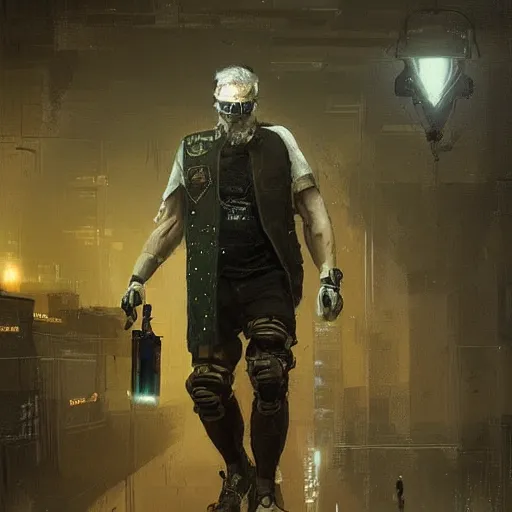 Image similar to russian old veteran in a vest with a cyber prosthesis on his leg cyberpunk art by greg rutkowski