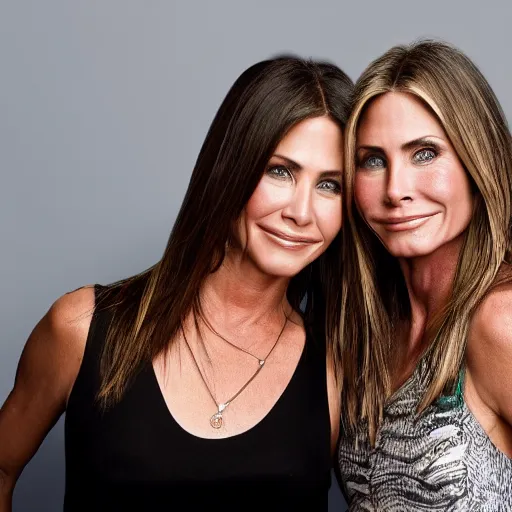 Image similar to old jennifer anniston and courtney cox actress at age 1 5 0 years old, color ( sony a 7 r iv, symmetric balance, polarizing filter, photolab, lightroom, 4 k, dolby vision, photography award ), vogue, perfect face