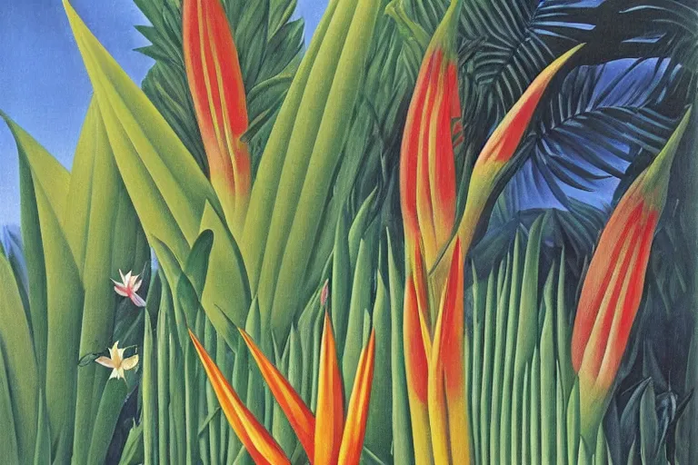 Prompt: heliconia in a graden, art by Henri Rousseau, studio Ghibli