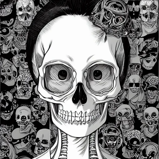 Image similar to anime manga skull portrait girl female skeleton illustration hyperrealistic art Geof Darrow and will cotton the Simpsons pop art nouveau